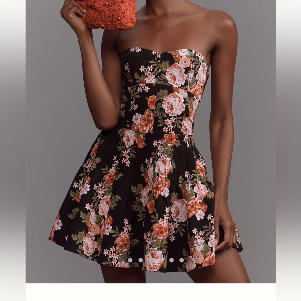 Anthropologie Maeve Strapless Flounce Mini Dress - Black and Pink